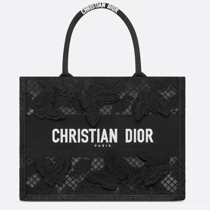 Dior Black Tote Book Motif Butterfly Canvas D-Lace 0415 Luxury